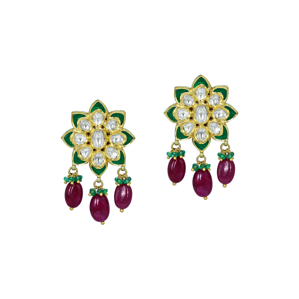 Floral Polki Earrings with Green Enamel and Ruby Drops